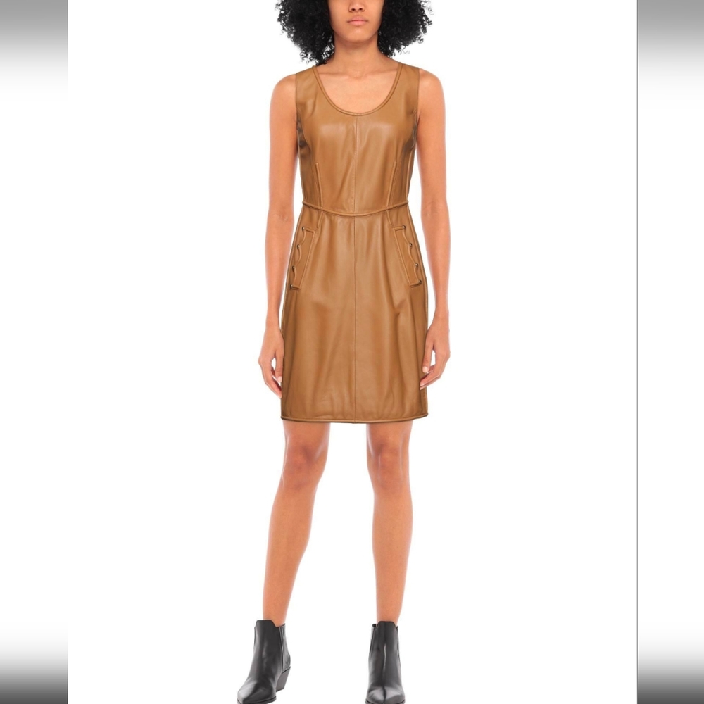 Boutique Moschino Tan Leather Dress With Crown Pockets